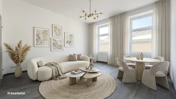 Helles, modern eingerichtetes Wohn-Esszimmer mit beigem Sofa, rundem Teppich und elegantem Esstisch.