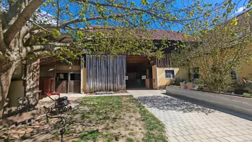 Blick auf den gepflasterten Hofbereich mit Scheune und altem Baumbestand unter blauem Himmel.