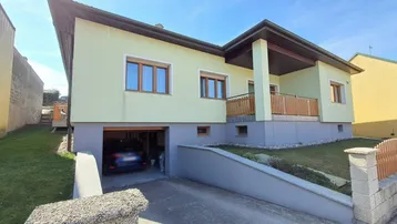 Einfamilienhaus mit hellgelber Fassade, integrierter Garage und kleinem Vorgarten.