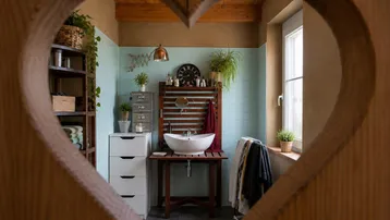Rustikales Badezimmer mit Herz-Detail in der Holztür, hellblauen Fliesen und einem Fenster.