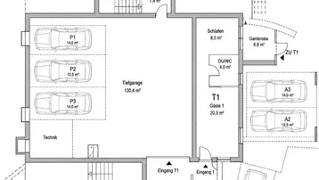Grundriss des Untergeschosses mit großer Tiefgarage, Gästezimmern und Technikraum.