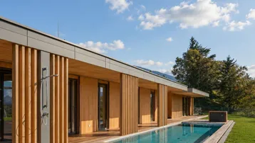 Elegante Holzfassade mit Außenbrause, langem Pool und Solarpaneelen auf dem Flachdach.