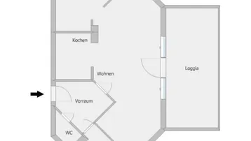 Grundriss einer Wohnung mit offenem Wohn- und Kochbereich, separatem Bad, Gäste-WC und einer Loggia.
