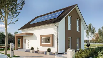 Modernes Einfamilienhaus mit Photovoltaikanlage, EV-Ladestation und gepflegtem Vorgarten.