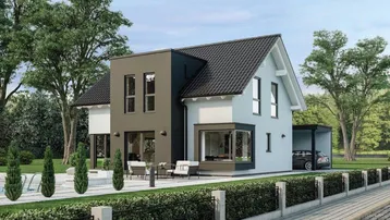 Moderne Einfamilienhaus-Architektur mit Satteldach, Carport und kleinem Pool im Gartenbereich.
