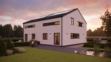 Modernes Einfamilienhaus mit weißer Fassade, Satteldach und Photovoltaikanlage, umgeben von einem gepflegten Garten mit Teich.