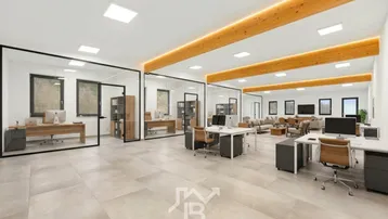 Modernes Großraumbüro mit Glaswänden, Holzbalken und mehreren Arbeitsplätzen sowie einem Loungebereich.