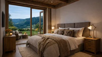 Helles Schlafzimmer mit Holzbalkendecke, großem Bett und direktem Zugang zur Terrasse mit Bergblick.