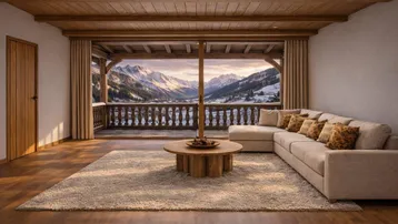 Gemütliches Wohnzimmer mit Holzbalkendecke, großem Sofa und atemberaubendem Bergblick durch Panoramafenster.
