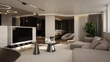 Modernes Wohnzimmer mit beigem Sofa, Marmor-TV-Wand und indirekter Beleuchtung, offen zum Ankleidebereich.