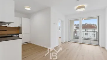 Heller offener Wohnbereich mit moderner Einbauküche, Parkettboden und Zugang zum Balkon.