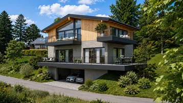 Modernes Haus mit Holzfassade, großen Glasfronten, mehreren Balkonen und integrierter Garage.
