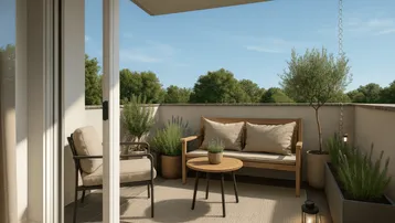 Gemütlicher Balkon mit bequemen Sitzgelegenheiten, Pflanzen und Blick ins Grüne.