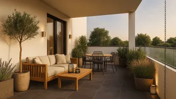 Geräumiger Balkon mit modernen Gartenmöbeln, Pflanzen und einem schönen Ausblick ins Grüne.