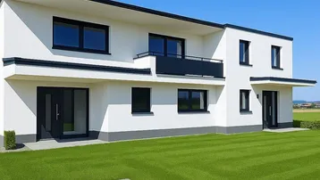 Modernes weißes Einfamilienhaus mit schwarzem Balkon, großen Fenstern und gepflegtem Rasen.