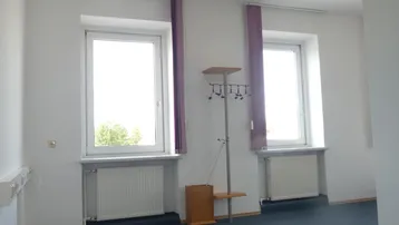 Leerer Raum mit blauem Teppichboden, weißen Wänden und zwei Fenstern mit lila Vorhängen.