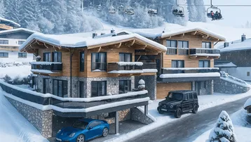 Moderne Chalet-Architektur in verschneiter Berglandschaft mit Skilift im Hintergrund und integrierten Garagen.