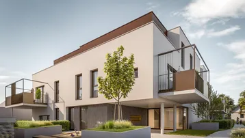 Moderne Wohnanlage mit Balkonen, begrünten Hochbeeten und heller Fassade unter blauem Himmel.