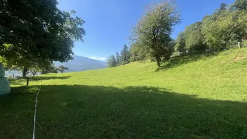 Weitläufige grüne Wiese mit Bäumen und einem malerischen Bergblick unter blauem Himmel.