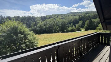 Balkon mit Holzboden und traditionellem Geländer, bietet weiten Blick auf Wälder und Wiesen.
