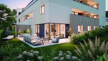 Moderne Wohnanlage mit großer Terrasse und gepflegtem Gartenbereich, ideal für Entspannung im Freien.