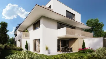 Moderne Architektur mit weißer Fassade, großen Fenstern und einer möblierten Terrasse im Gartenbereich.