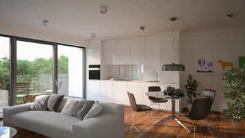 Heller offener Wohn-Essbereich mit moderner Küche, Holzboden und Zugang zur Terrasse. Große Fensterfront.