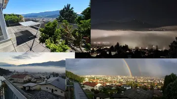 Verschiedene Außenansichten mit Panoramablick auf die Stadt, Berge und Natur, inklusive Terrasse und Regenbogen.