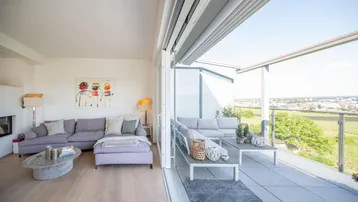 Gemütliches Wohnzimmer mit Kamin, bequemer Sitzecke und direktem Zugang zur möblierten Dachterrasse.