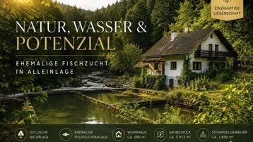 Idyllisches Wohnhaus in Alleinlage mit ehemaliger Fischzuchtanlage und umgeben von üppiger Natur.