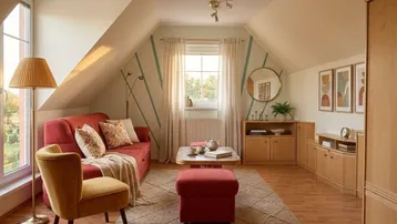 Gemütliches Wohnzimmer im Dachgeschoss mit schrägen Wänden, Holzboden und farbenfrohen Möbeln.