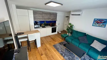 Moderner offener Wohnbereich mit integrierter Küchenzeile, Holzboden und gemütlichem Sofa.