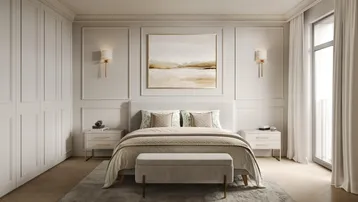 Elegantes Schlafzimmer mit hellem Parkettboden, Einbauschränken und stilvoller Wandgestaltung.