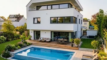 Moderne Villa mit großem Garten, privatem Pool und Holzterrasse für entspannte Stunden im Freien.