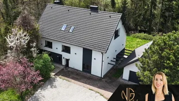 Modernes Einfamilienhaus mit Satteldach, Dachfenstern und umgeben von viel Grün in ländlicher Umgebung.