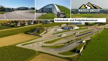 Luftaufnahme eines modernen Fahrtechnik- und Prüfgeländezentrums mit begrünten Gebäuden und Teststrecken.