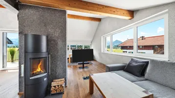 Gemütliches Wohnzimmer mit modernem Kaminofen, Holzboden, Holzbalken und Bergblick.