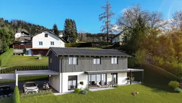 Moderne Doppelhaushälfte mit Holzfassade, Carport und großem Gartenbereich auf einem Hanggrundstück.