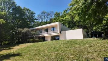 Modernes Haus mit Flachdach, umgeben von viel Grün und einem weitläufigen Rasenbereich.