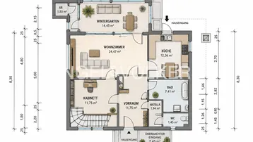 Grundriss des Erdgeschosses mit Wohnzimmer, Küche, Wintergarten und Bad.