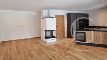 Geräumiger offener Wohn- und Essbereich mit modernem Kamin, Holzboden und integrierter Küche.
