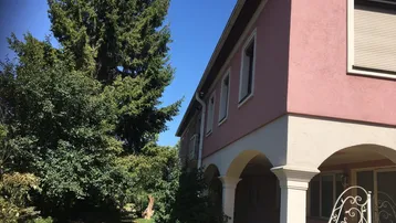 Seitenansicht eines rosa Wohnhauses mit großen Bäumen und grüner Umgebung unter blauem Himmel.
