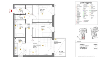 Grundriss der Wohnung TOP 131 im 2. Obergeschoss mit Balkon und Loggia.