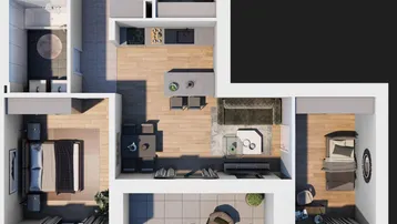 Visualisierung des Grundrisses einer modernen Wohnung mit offener Küche, zwei Bädern und möblierter Terrasse.