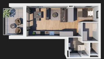 Grundriss einer modernen Wohnung mit offenem Wohnbereich, Schlafzimmer, zwei Bädern und Balkon.