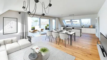 Moderner offener Wohn-Essbereich mit integrierter Küche, Holzboden und Zugang zur sonnigen Terrasse.