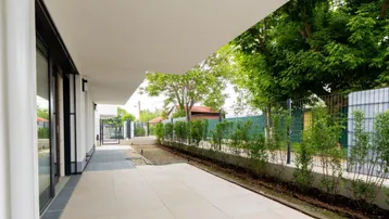 Eine moderne, gepflasterte Terrasse mit Hecken und Bäumen, die zum Entspannen im Freien einlädt.