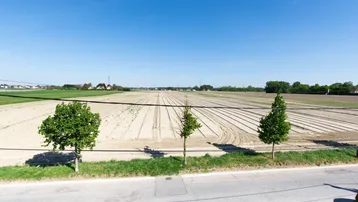 Weitläufiger Blick über weite Felder und ländliche Umgebung unter einem klaren blauen Himmel.