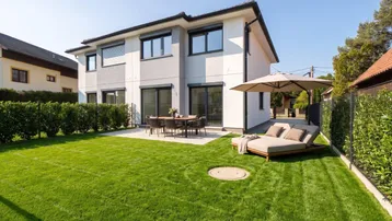 Großer Garten mit Rasenfläche und möblierter Terrasse, ideal für Entspannung im Freien.