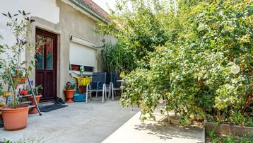 Sonniger Terrassenbereich mit Gartenmöbeln, umgeben von üppigem Grün und Sträuchern, ideal zum Entspannen.